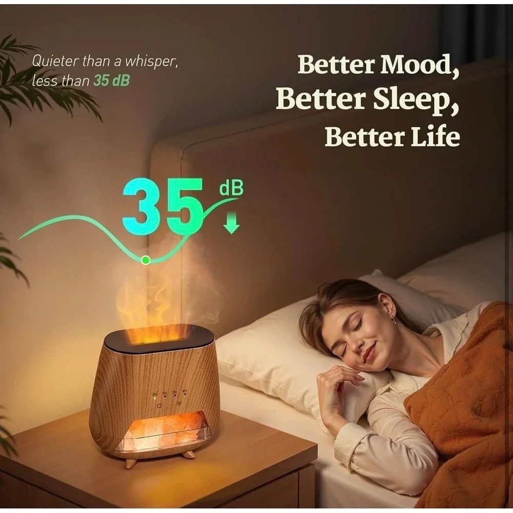4-in-1 Wood Grain Aroma Diffuser and Himalayan‎ Salt Lamp with Flame Effect Mist